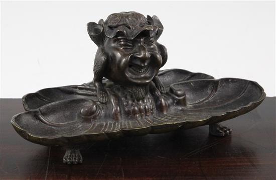 A late 19th century Continental bronze inkstand, 9.5in.
